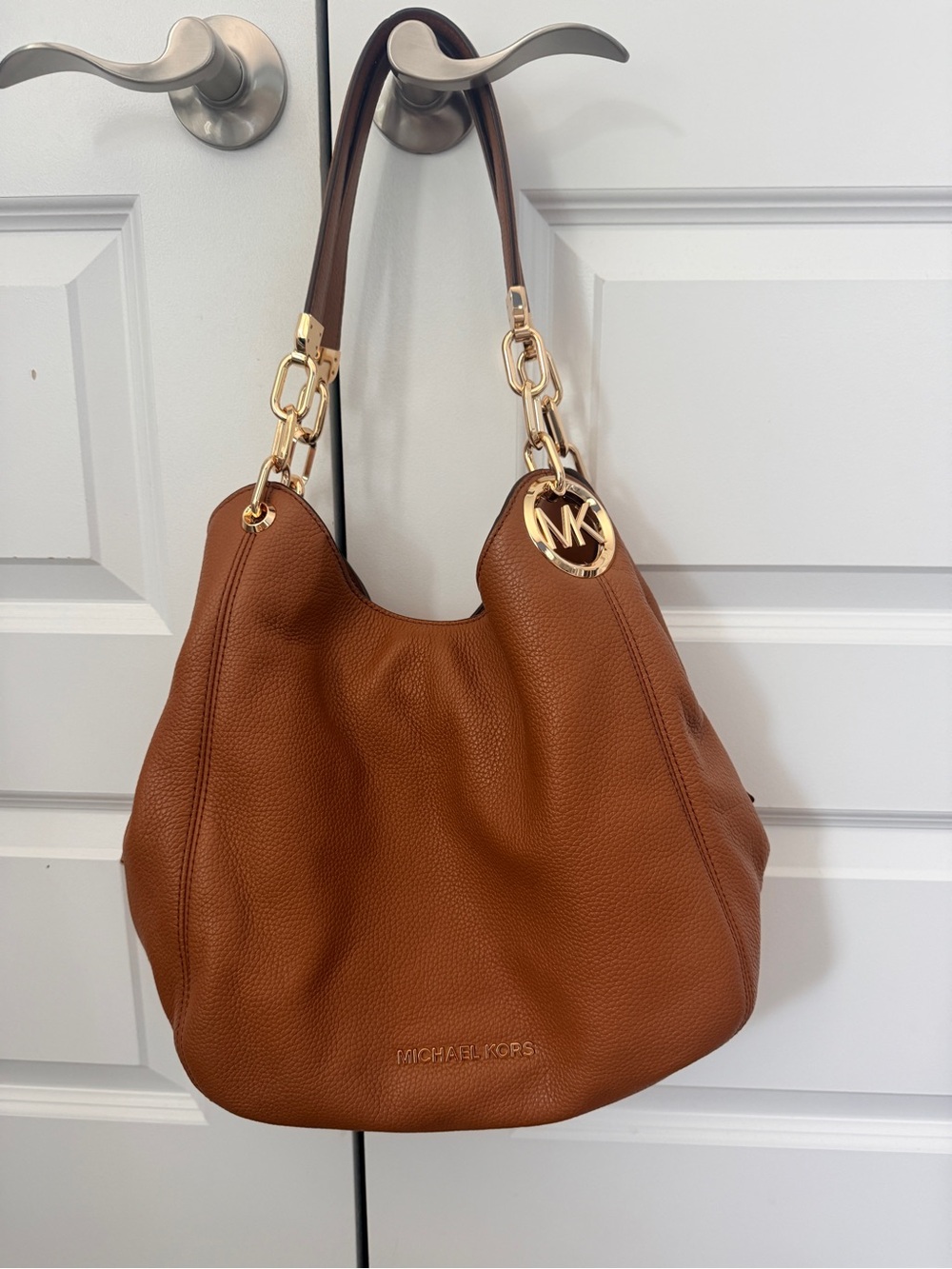 Michael Kors Cognac Pebbled Leather Shoulder Hobo with Gold Hardware